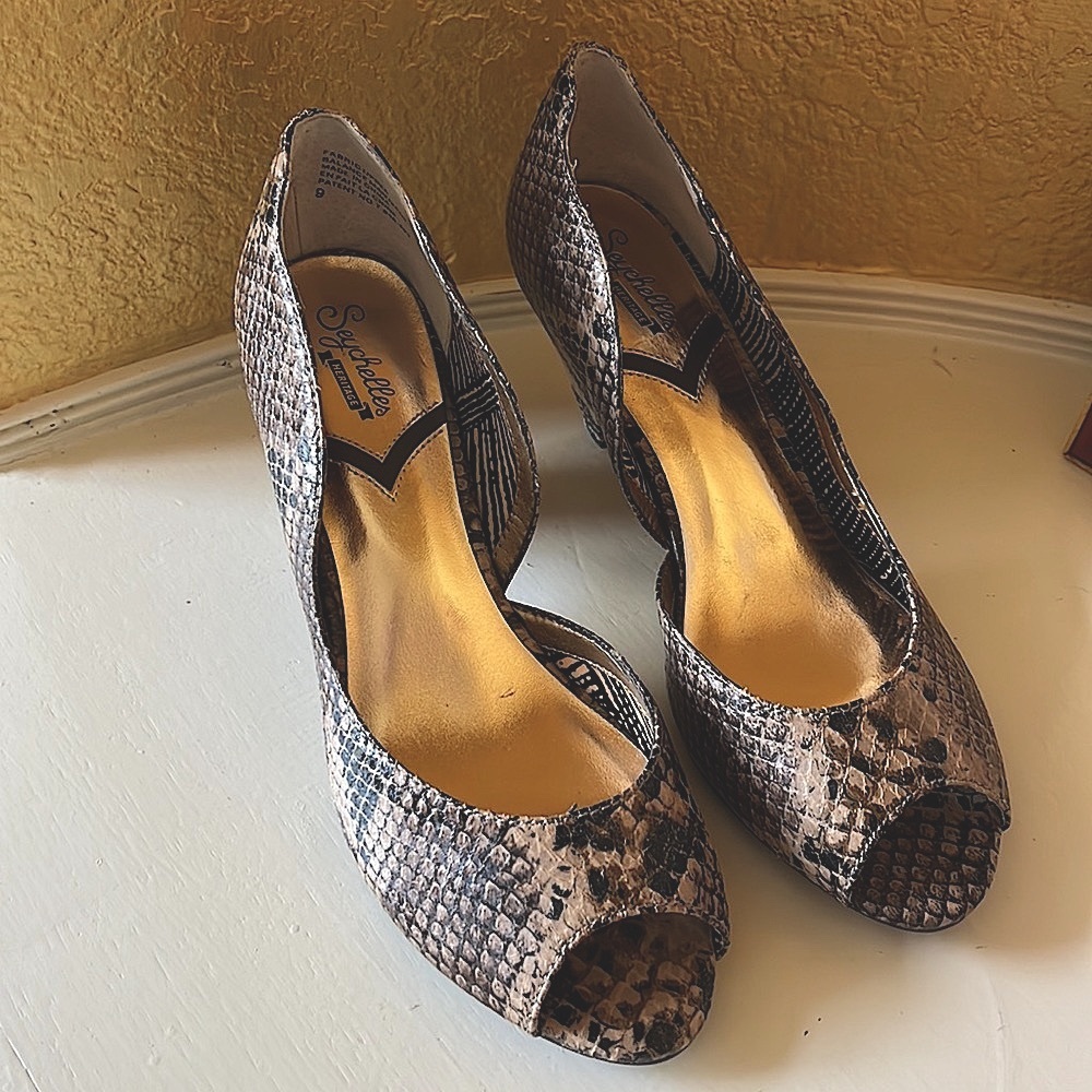 Snakeprint peep-toe heels Seychelles at Anthropologie